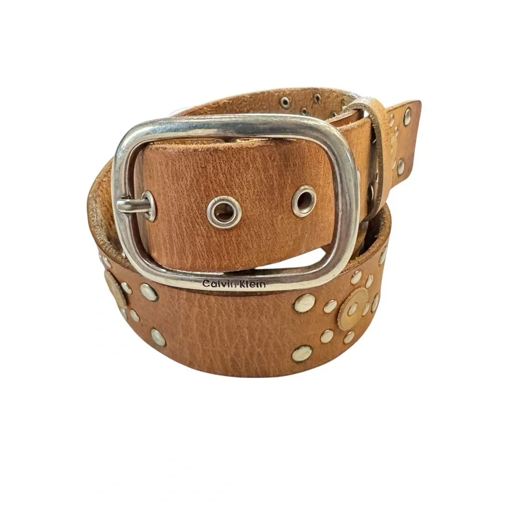 Calvin Klein Studded Leather Belt | Brown Western Boho | Silver Buckle XL